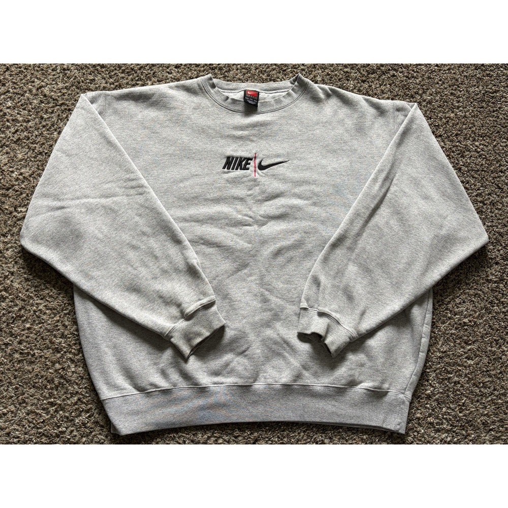 Vintage Nike Swoosh Crewneck Spellout Logo Embroidered Gray 2XL Y2K Mexico
